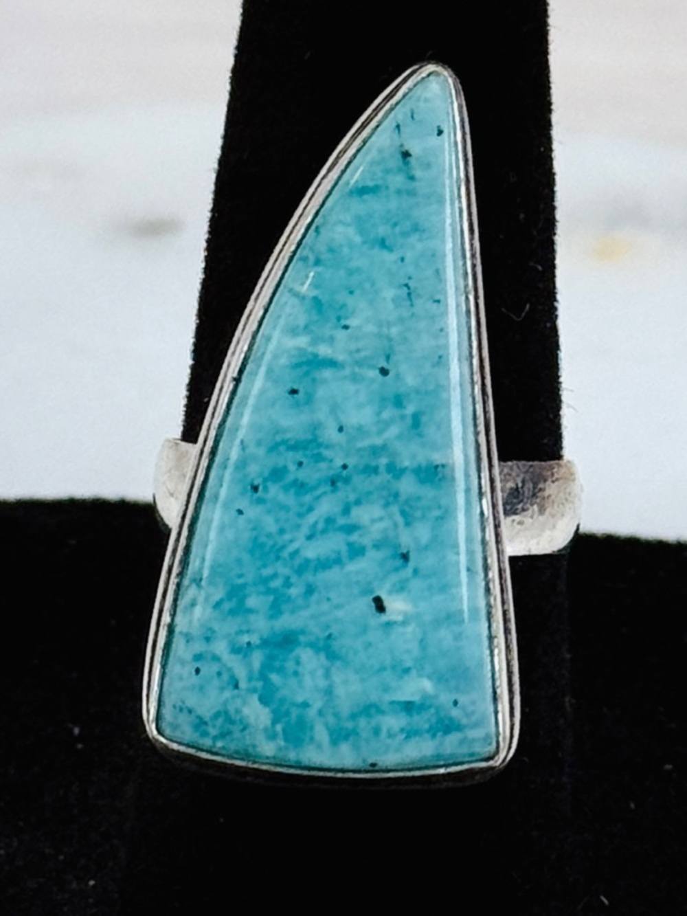 Beautiful bohemian chic silvertone blueish green stone 925 overlay ring sz 5.5